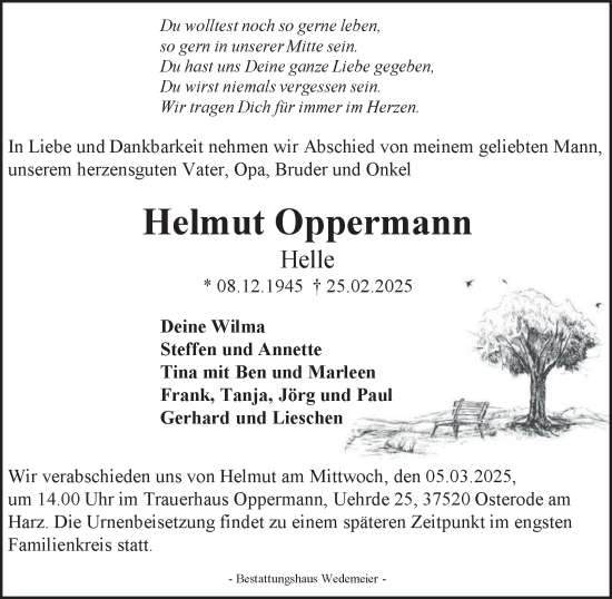 Traueranzeige von Helmut Oppermann von Harz Kurier