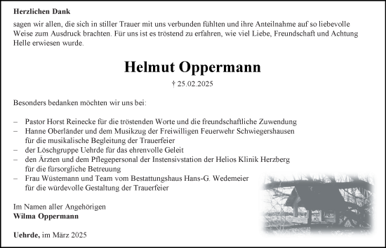 Traueranzeige von Helmut Oppermann von Harz Kurier