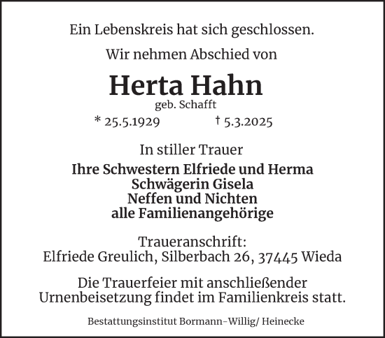 Traueranzeige von Herta Hahn von Harz Kurier