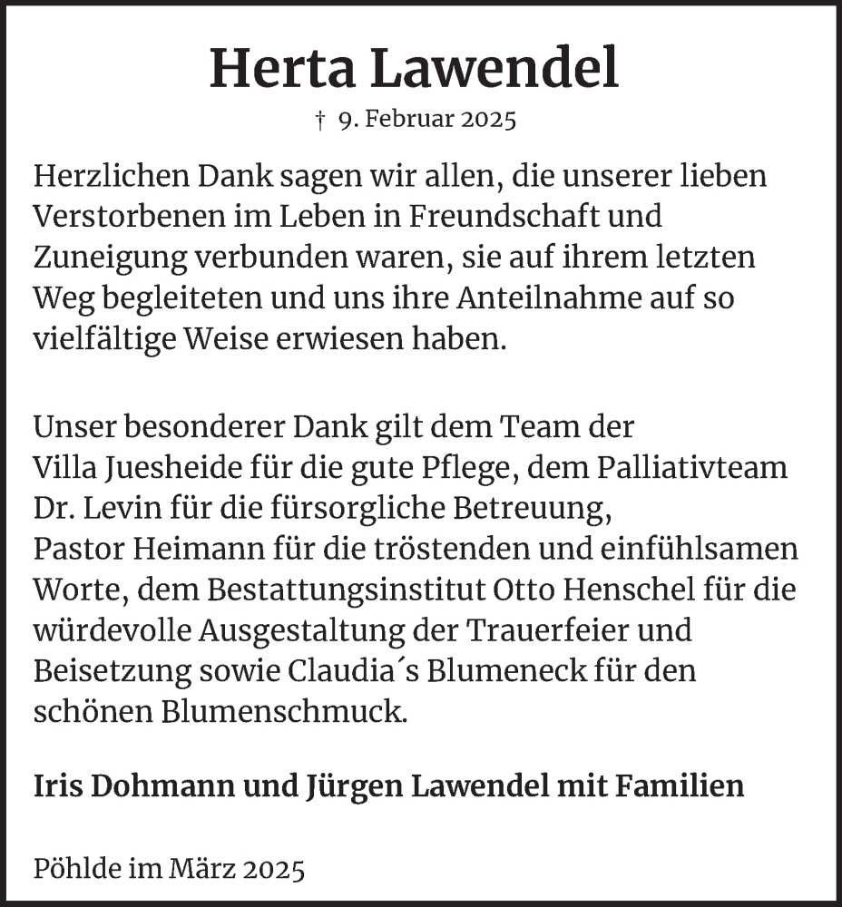  Traueranzeige für Herta Lawendel vom 08.03.2025 aus Harz Kurier