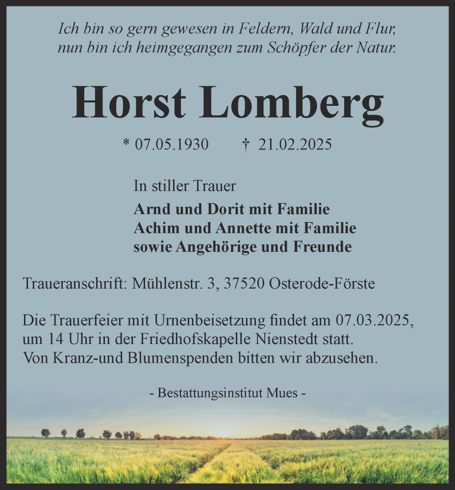  Traueranzeige für Horst Lomberg vom 01.03.2025 aus Harz Kurier