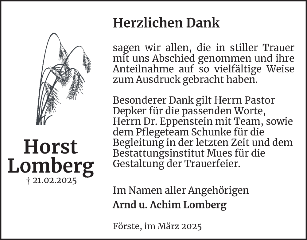  Traueranzeige für Horst Lomberg vom 29.03.2025 aus Harz Kurier
