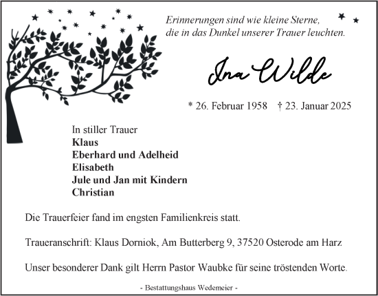 Traueranzeige von Ina Wilde von Harz Kurier