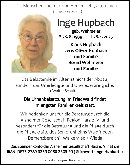 Traueranzeige von Inge Hupbach von Harz Kurier