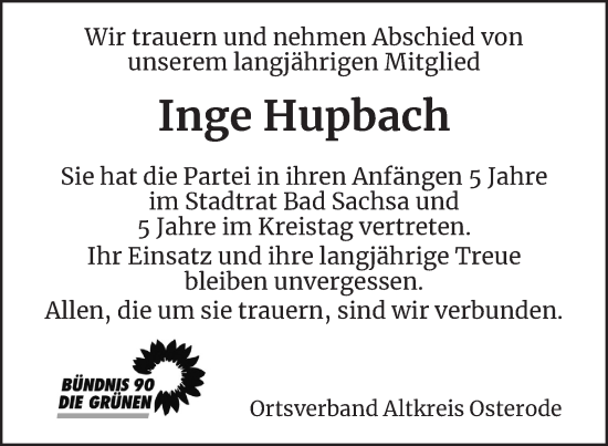 Traueranzeige von Inge Hupbach von Harz Kurier