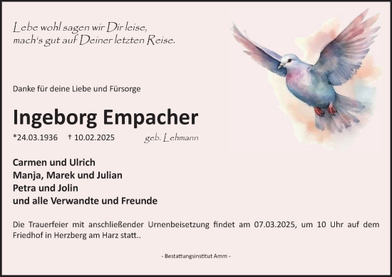 Traueranzeige von Ingeborg Empacher von Harz Kurier