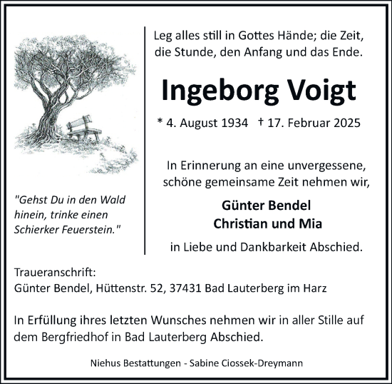 Traueranzeige von Ingeborg Voigt von Harz Kurier