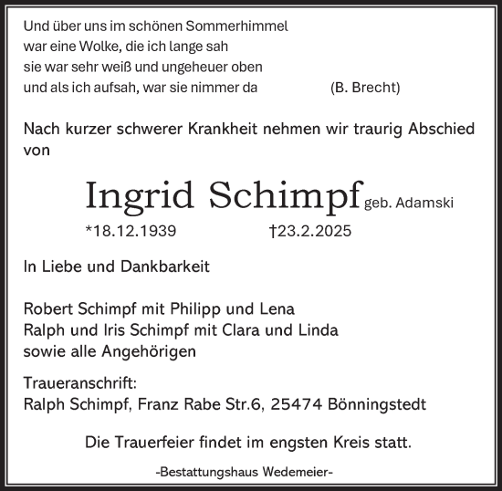 Traueranzeige von Ingrid Schimpf von Harz Kurier