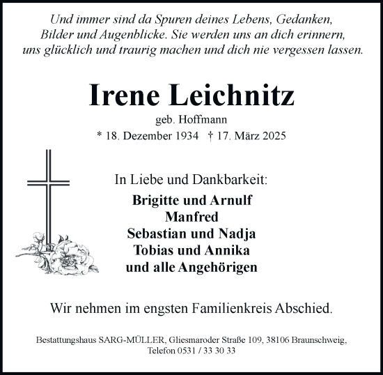 Traueranzeige von Irene Leichnitz von Harz Kurier