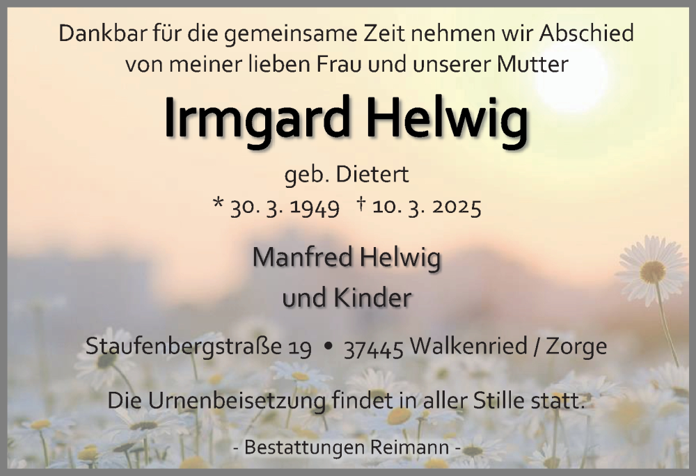  Traueranzeige für Irmgard Helwig vom 15.03.2025 aus Harz Kurier