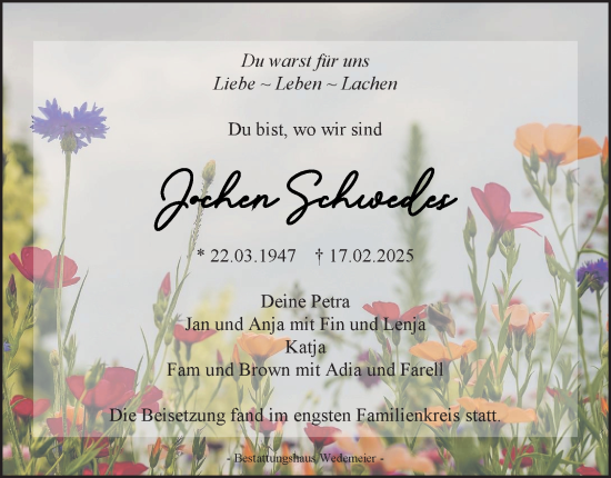 Traueranzeige von Jochen Schwedes von Harz Kurier