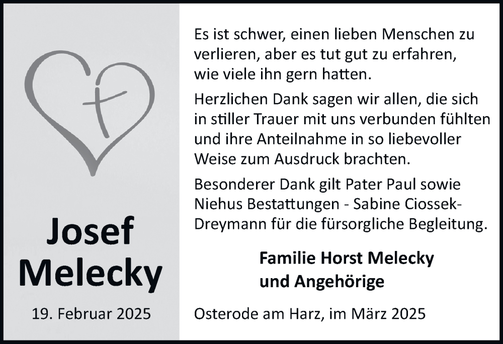  Traueranzeige für Josef Melecky vom 29.03.2025 aus Harz Kurier
