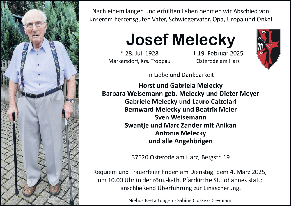 Traueranzeige für Josef Melecky vom 01.03.2025 aus Harz Kurier