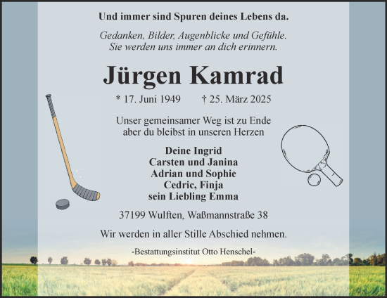 Traueranzeige von Jürgen Kamrad von Harz Kurier