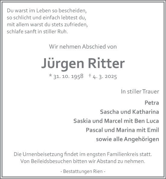 Traueranzeige von Jürgen Ritter von Harz Kurier
