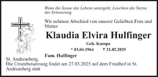 Traueranzeige von Klaudia Elvira Hulfinger von Harz Kurier