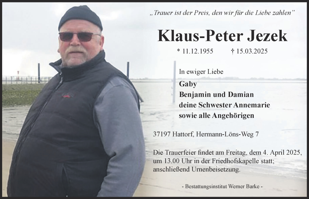  Traueranzeige für Klaus-Peter Jezek vom 29.03.2025 aus Harz Kurier