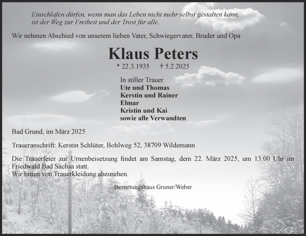  Traueranzeige für Klaus Peters vom 08.03.2025 aus Harz Kurier