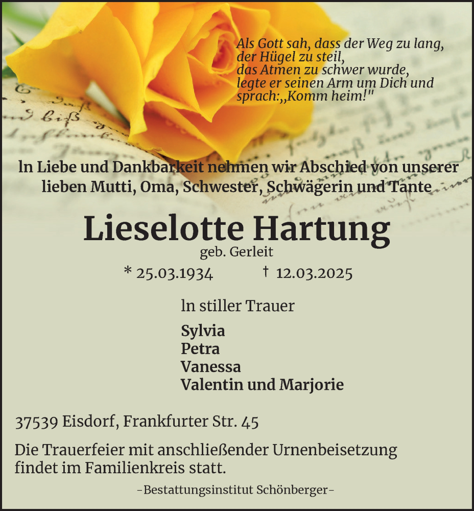 Traueranzeige für Lieselotte Hartung vom 22.03.2025 aus Harz Kurier
