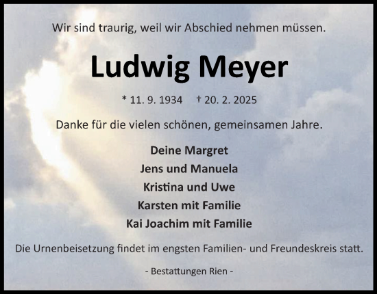 Traueranzeige von Ludwig Meyer von Harz Kurier