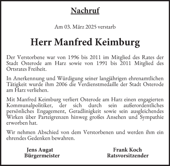 Traueranzeige von Manfred Keimburg von Harz Kurier