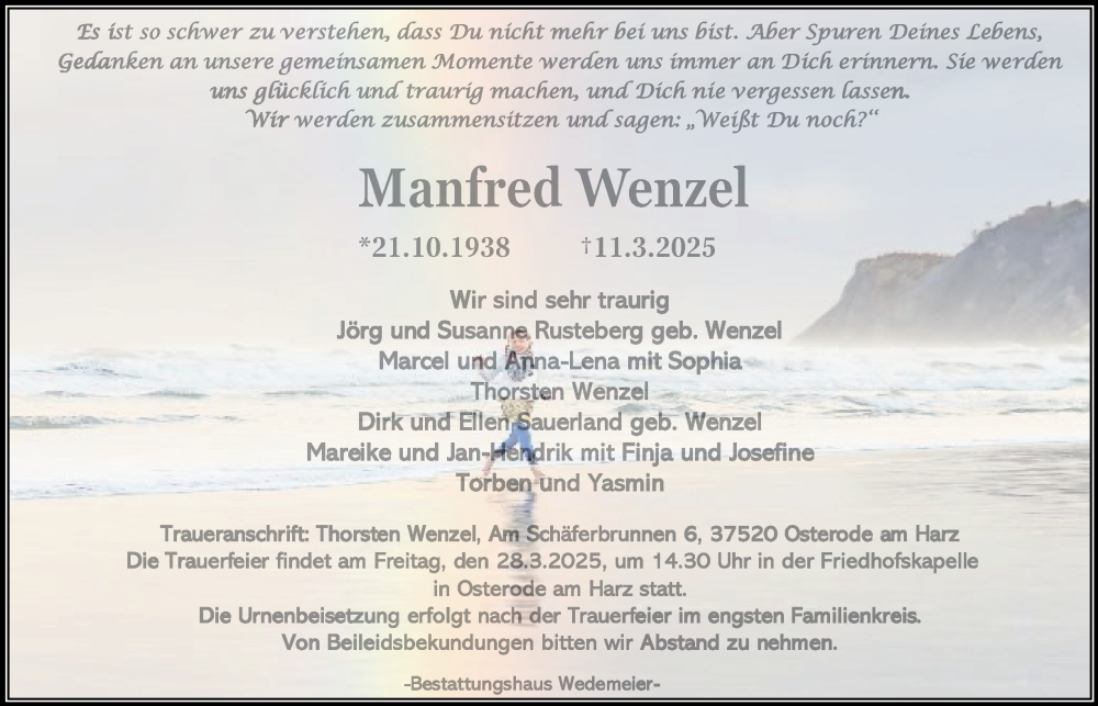  Traueranzeige für Manfred Wenzel vom 22.03.2025 aus Harz Kurier