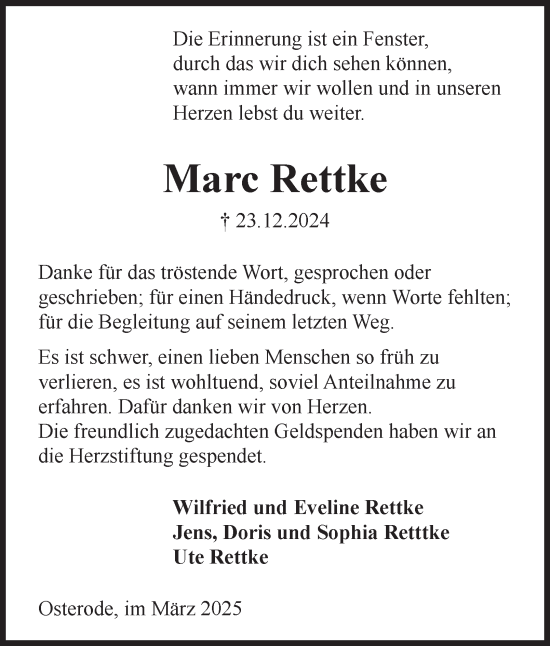 Traueranzeige von Marc Rettke von Harz Kurier