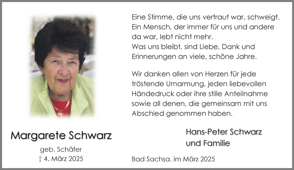  Traueranzeige für Margarete Schwarz vom 29.03.2025 aus Harz Kurier
