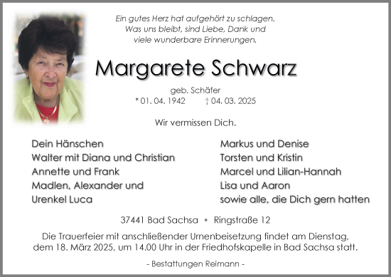 Traueranzeige von Margarete Schwarz von Harz Kurier