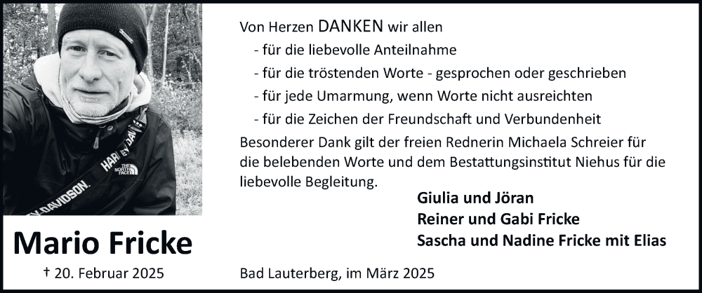 Traueranzeige für Mario Fricke vom 22.03.2025 aus Harz Kurier