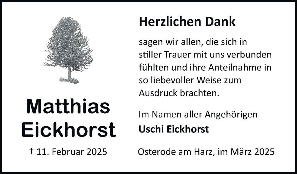  Traueranzeige für Matthias Eickhorst vom 15.03.2025 aus Harz Kurier