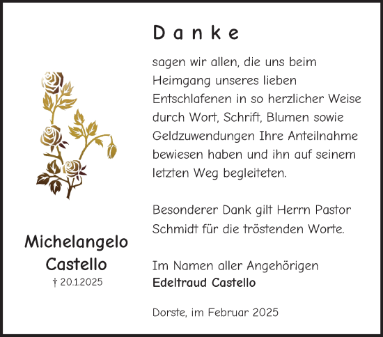 Traueranzeige von Michelangelo Castello von Harz Kurier