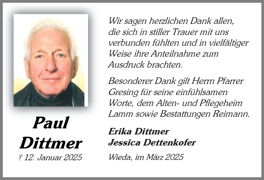  Traueranzeige für Paul Dittmer vom 08.03.2025 aus Harz Kurier