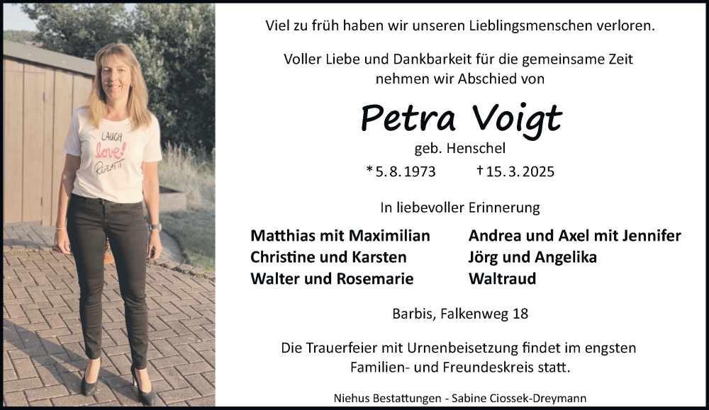  Traueranzeige für Petra Voigt vom 22.03.2025 aus Harz Kurier