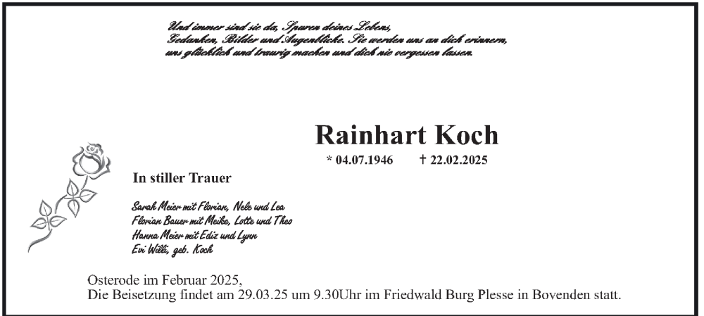  Traueranzeige für Rainhart Koch vom 25.03.2025 aus Harz Kurier
