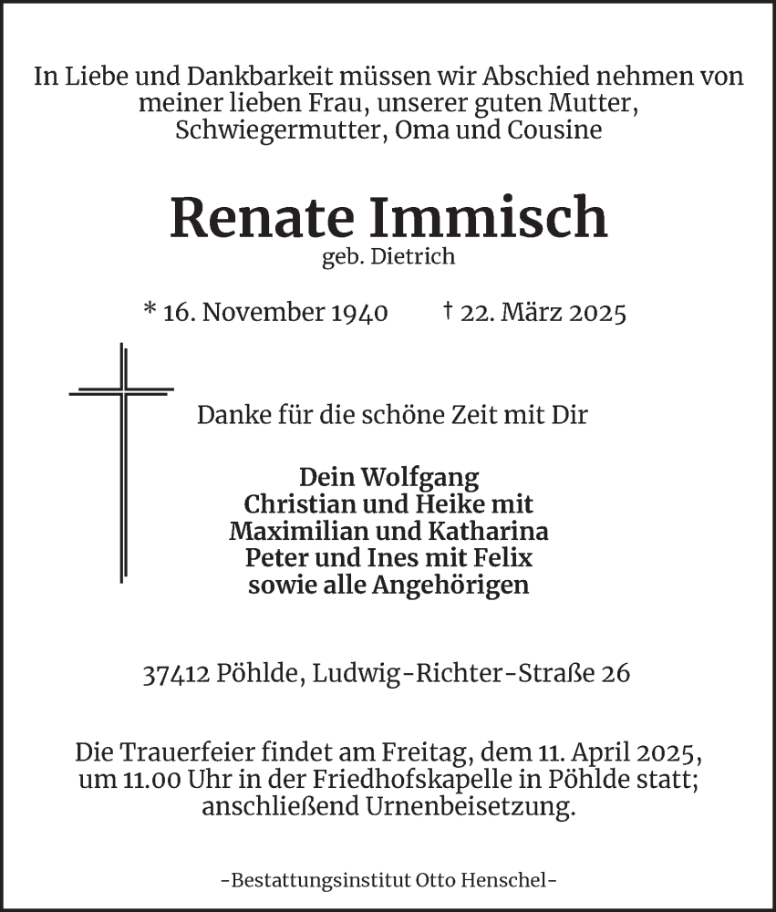  Traueranzeige für Renate Immisch vom 29.03.2025 aus Harz Kurier