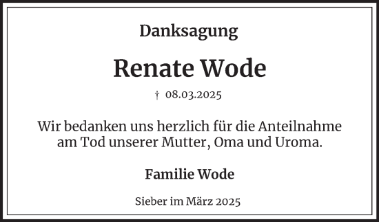 Traueranzeige von Renate Wode von Harz Kurier