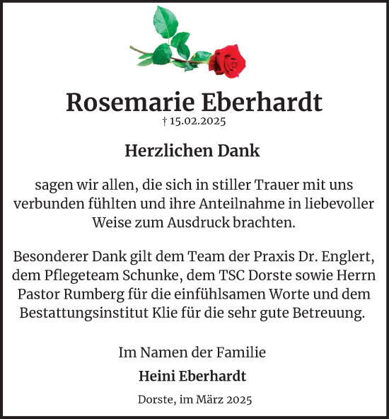 Traueranzeige von Rosemarie Eberhardt von Harz Kurier