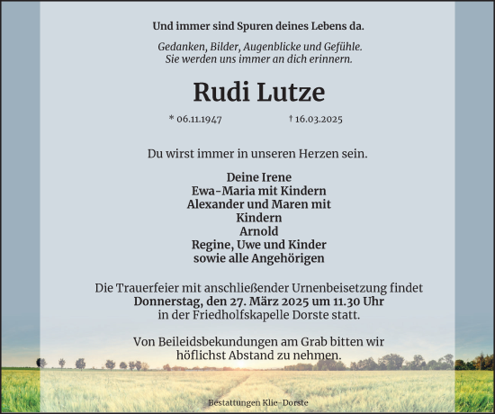 Traueranzeige von Rudi Lutze von Harz Kurier