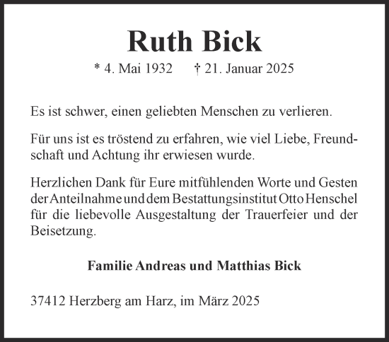 Traueranzeige von Ruth Bick von Harz Kurier