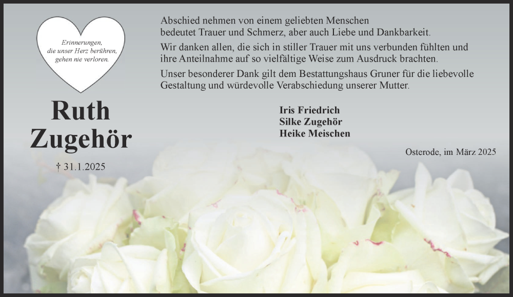  Traueranzeige für Ruth Zugehör vom 01.03.2025 aus Harz Kurier