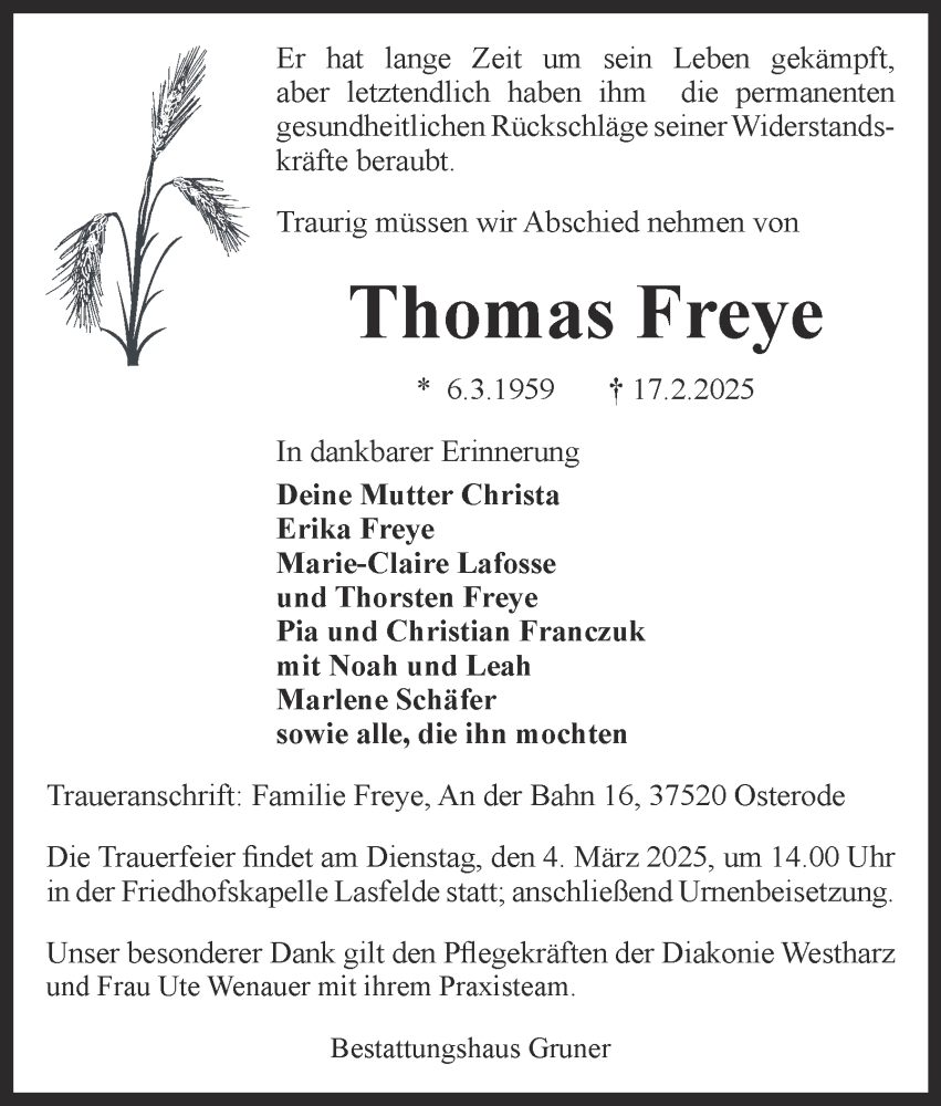  Traueranzeige für Thomas Freye vom 01.03.2025 aus Harz Kurier