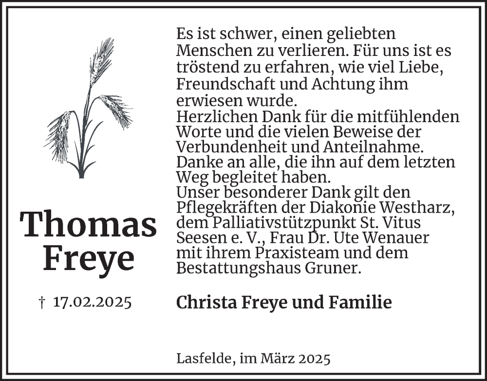  Traueranzeige für Thomas Freye vom 22.03.2025 aus Harz Kurier