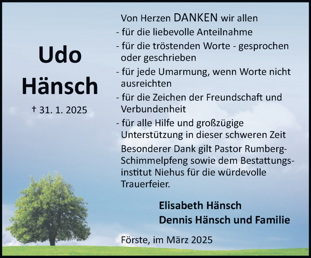 Traueranzeige für Udo Hänsch vom 15.03.2025 aus Harz Kurier