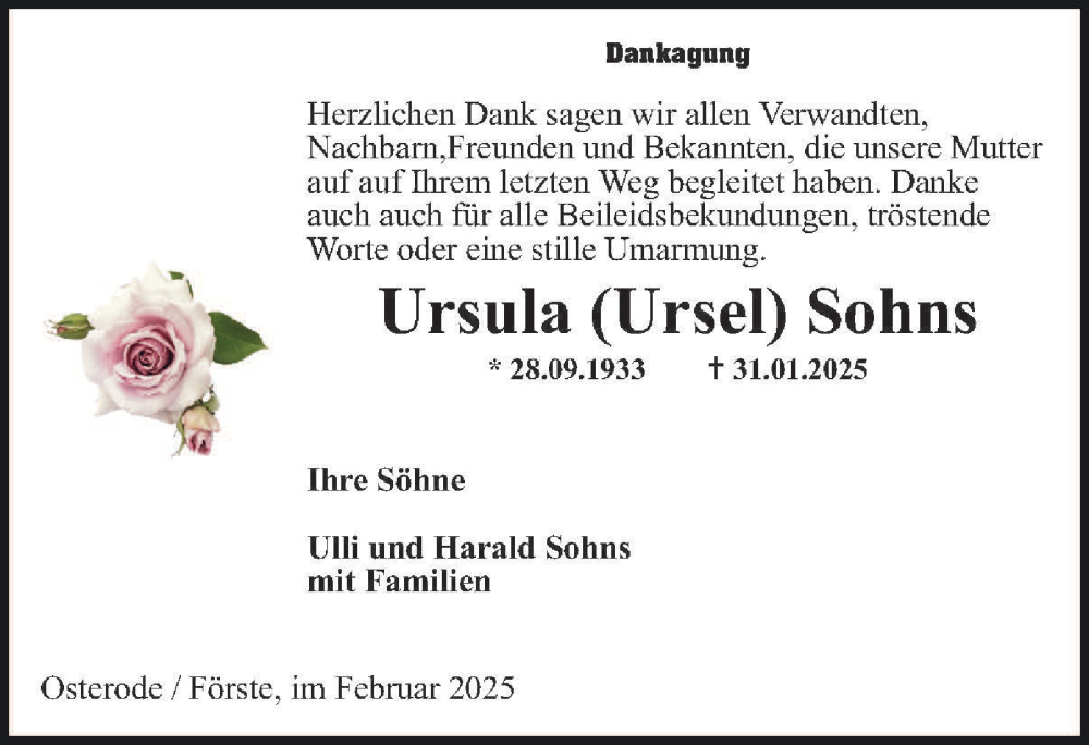  Traueranzeige für Ursula Sohns vom 08.03.2025 aus Harz Kurier