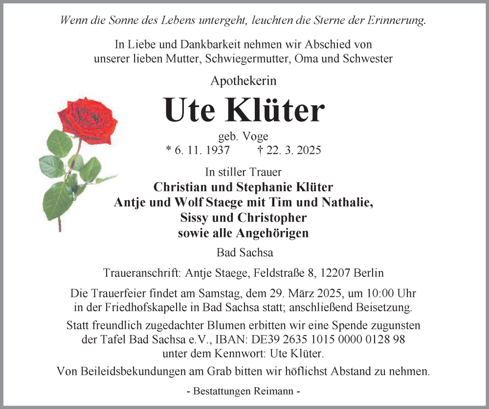  Traueranzeige für Ute Klüter vom 27.03.2025 aus Harz Kurier