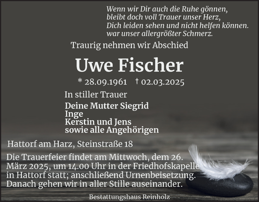  Traueranzeige für Uwe Fischer vom 22.03.2025 aus Harz Kurier