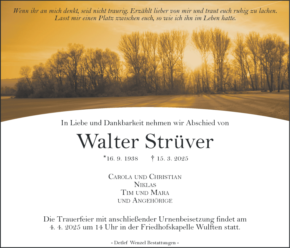  Traueranzeige für Walter Strüver vom 29.03.2025 aus Harz Kurier