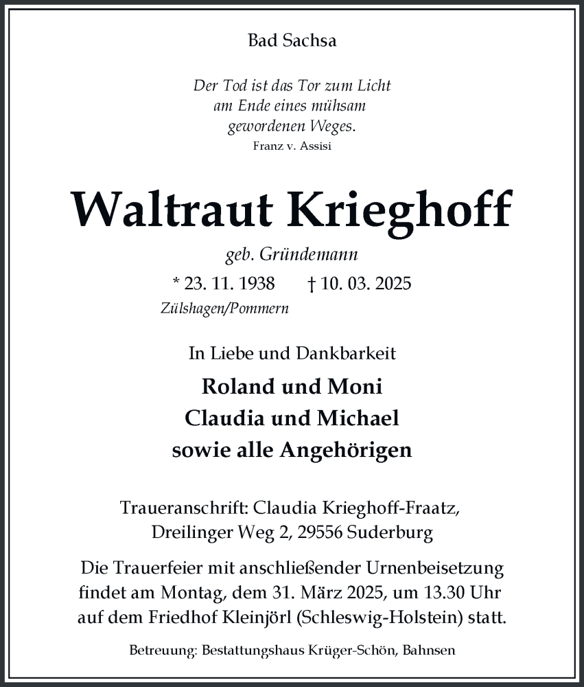  Traueranzeige für Waltraut Krieghoff vom 22.03.2025 aus Harz Kurier