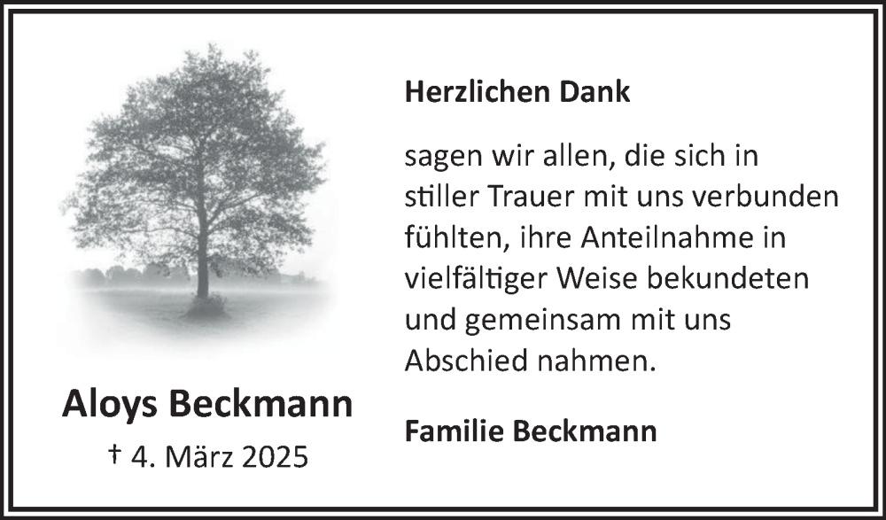  Traueranzeige für Aloys Beckmann vom 12.04.2025 aus Harz Kurier